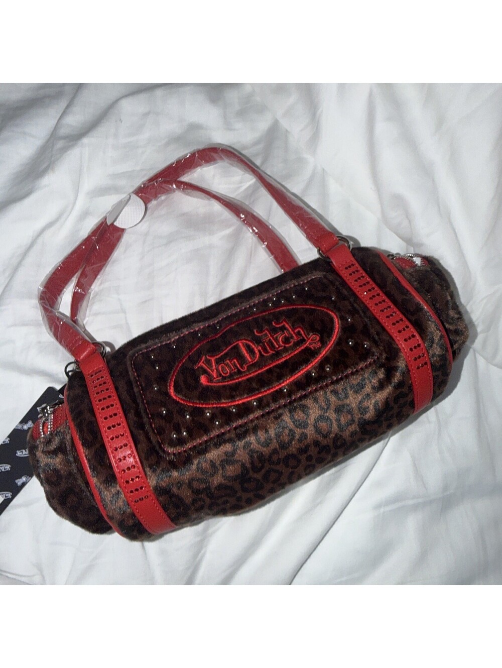 NEWEST STYLE Von Dutch Barrel Bag w/ pockets Red Leopard Handles Zip Logo